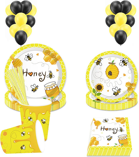Bee Themed Party Supplies,Bee Party Tableware Set for Kids Girls Honey Butterfly Birthday Decorations, Includes Plates Cups Napkins Straws Utensils Serves 16 Guests