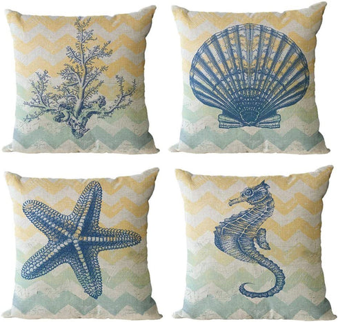 ULOVE LOVE YOURSELF Beach Pillow Covers 4 Pack Cotton Linen Nautical Throw Pillowcases Sea Theme Coastal Cushion Cover 18 x 18 inch (Sea-3)