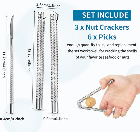 3 Pieces Nut Crackers and 6 Pieces Picks Stainless Steel Nutcracker Metal Shell Cracker for Seafood Nuts (Silver)