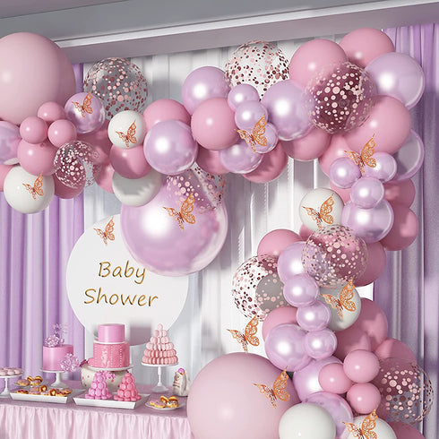 Soonlyn Baby Shower Decorations for Girl 140 Pcs Pink Balloon Garland with Butterfly Stickers 18 In 12 In 10 In 5 In Lilac Purple Chrome Rose Gold Confetti Balloon Arch Kit for Girl Birthday Party Bridal Shower