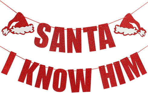 Santa I Know Him Banner Red Glitter - Buddy The Elf Party Supplies, Grinch Cutout, Buddy Elf Decorations, Christmas Party Decorations, Santa Cutout, Santa Face Cutout, Christmas Mantle Home Decor