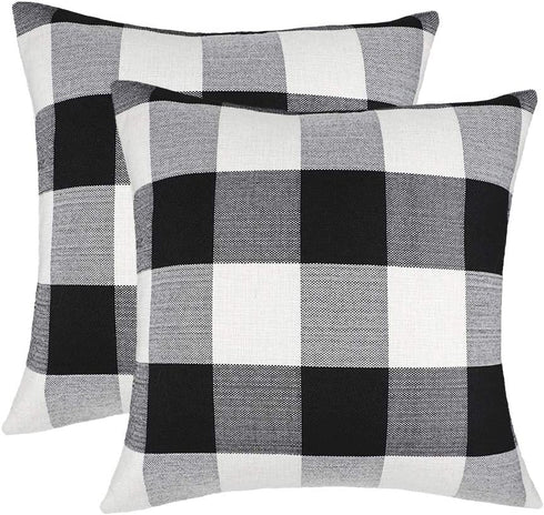 4TH Emotion Set of 2 Farmhouse Buffalo Check Plaid Throw Pillow Covers Cushion Case Polyester Linen for Fall Home Decor Black and White, 24 x 24 Inches