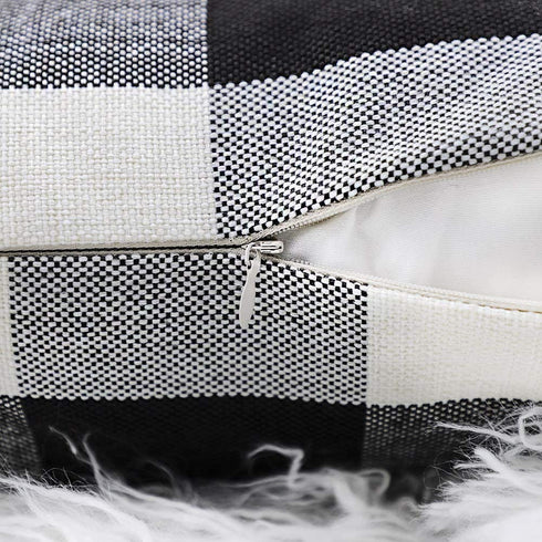 4TH Emotion Set of 2 Farmhouse Buffalo Check Plaid Throw Pillow Covers Cushion Case Polyester Linen for Fall Home Decor Black and White, 24 x 24 Inches