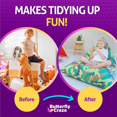 Butterfly Craze Bean Bag Chair Cover (Stuffing Not Included) Toddler Toy Organizer Fill with Stuffed Animals to Create a Jumbo, Comfy Floor Lounger for Boy™s or Girl™s Bedroom Camo