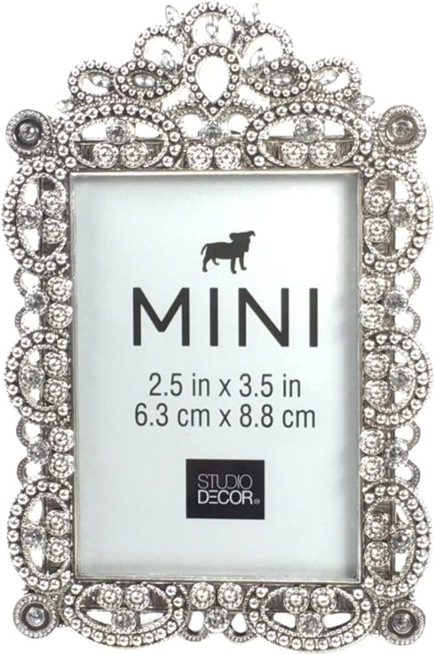 Bejeweled Silver Tone Metal Mini Picture Frame, 2.5" x 3.5"