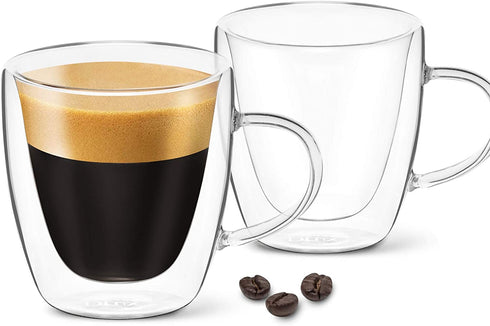 DLux Espresso Coffee Cups 3oz, Double Wall, Clear Glass Set of 2 Glasses with Handles, Insulated Borosilicate Glassware Tea Cup