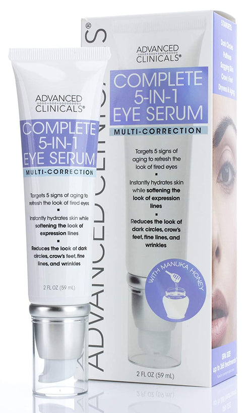 Advanced Clinicals 5-in-1 Multi Correction Anti-Aging Eye Serum Lotion W/ Retinol, Collagen, Vitamin C, & Manuka Honey. Reduces Appearance Of Dark Circles, Wrinkles, Crow's Feet & Fine Lines, 2 Fl Oz