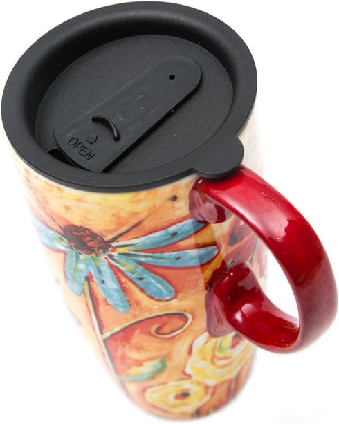 CEDAR HOME Coffee Ceramic Mug Porcelain Latte Tea Cup With Lid 17oz. Orange Flower