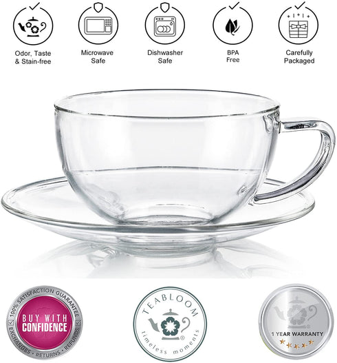 Teabloom Kyoto Teacup and Saucer Set 2-Pack Standard Teacup Size 6 OZ/ 180 ML Capacity Crystal Clear Design Healthful Premium Borosilicate Glass Heat Resistant, Microwave Safe