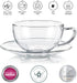 Teabloom Kyoto Teacup and Saucer Set 2-Pack Standard Teacup Size 6 OZ/ 180 ML Capacity Crystal Clear Design Healthful Premium Borosilicate Glass Heat Resistant, Microwave Safe