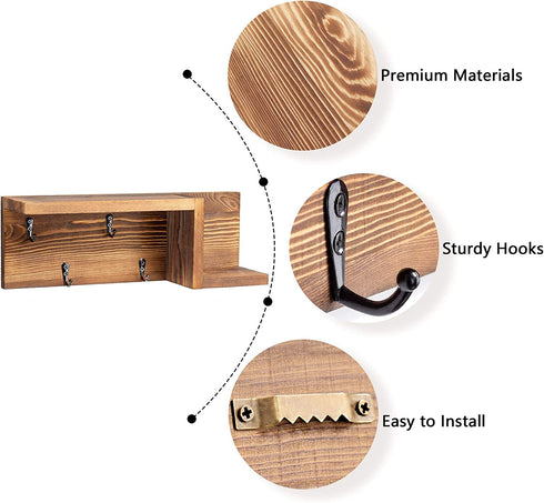 AKKO Wooden Key Holder for Wall Decorative Mail and Key Holder Organizer with 4 Key Hooks and œZ? Shape Wall Mount Floating Shelf ,Rustic Home Decor for Wall, Entryway, Mudroom, Bathroom