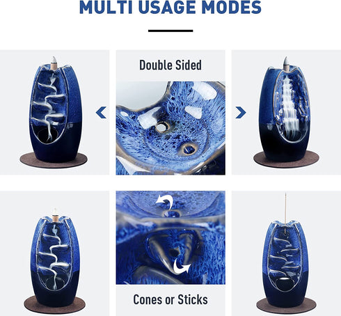 Ronlap Dual Sided Incense Waterfall Burner, Ceramic Backflow Smoke Incense Holder, Cool Aromatherapy Fountain Reverse Smoke Waterfall with 120 Incense Cones+30 Incense Sticks+1 Tweezer+1 Mat, Navy