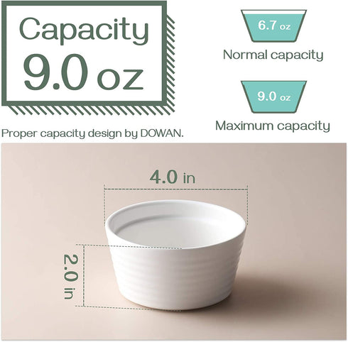 DOWAN Ramekins 8 oz Oven Safe, Porcelain Ramekins Souffle Dish, Creme Brulee Ramekins, White Ramekins for Baking, Stackable Ramekin for Pudding, Spinach Souflees, Set of 6