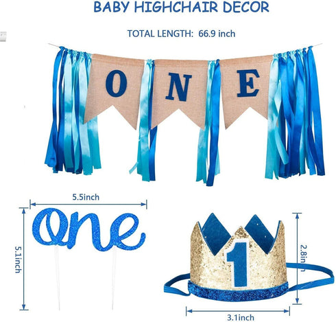 JOYYPOP 1st Birthday Decorations for Boys - Baby 1st Birthday Party Supplies 67PCS with 1st Birthday Baby Crown, ONE Cake Topper, 1st Birthday Highchair Banner Decorations(Blue)