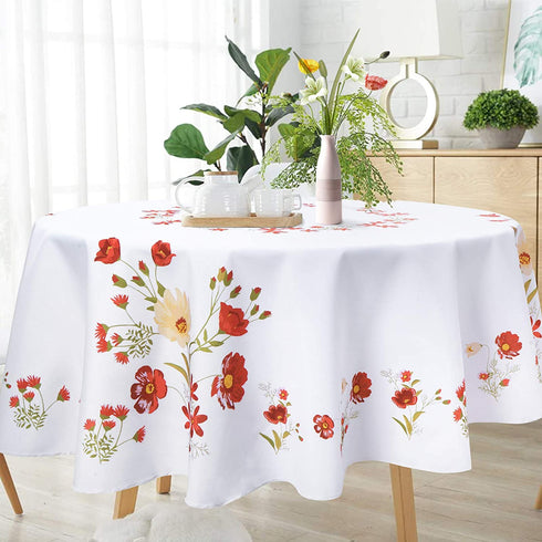 Floral Tablecloth, Wild Flower Table Cloth, Spring Summer Waterproof Wrinkle Free Tablecloth for Outdoor, Picnic, Camping, Patio, Party, Kitchen, Dining Room, Red and White, 55 inch Round