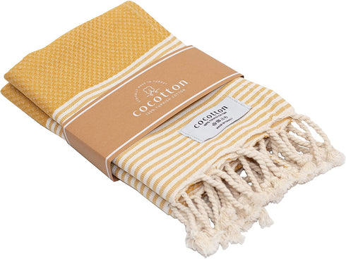 COCOTTON Boho Striped Turkish Hand Towels Set of 2 | 100% Cotton, 16 x 40 Inches | Decorative Bathroom Hair Face Gym Yoga Dishcloth Tea Kitchen Light Weight Quick Dry Farmhouse Towel (Mustard)