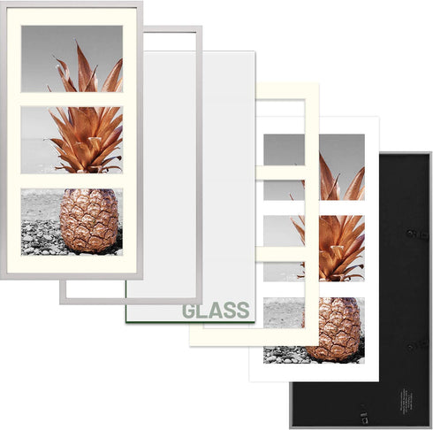 Frametory, 7x14 Metal Picture Frame - for 3-4x6 Photos, Silver Aluminum Molding - Three Opening Ivory Mat - Wall Display - Great for Wedding, Graduation, Engagement Photographs (Silver)