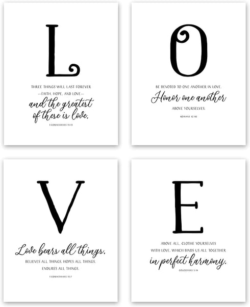 LOVE Wall Decor - Scripture Wall Art and Bible Verses Wall Decor - Christian Wall Decor (Black and White Wall Art: 1 Corinthians 13 Wall Art, Romans 12 10) (8x10 Faith Hope Love Wall Decor)