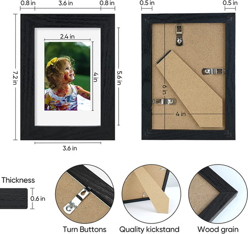 Nacial 4x6 Picture Frame Set of 5,Display Pictures 3.5x5 with Mat or 4 x 6 Without Mat, Tempered Glass for Table Top Display and Wall Mounting Wooden Photo Frame Black