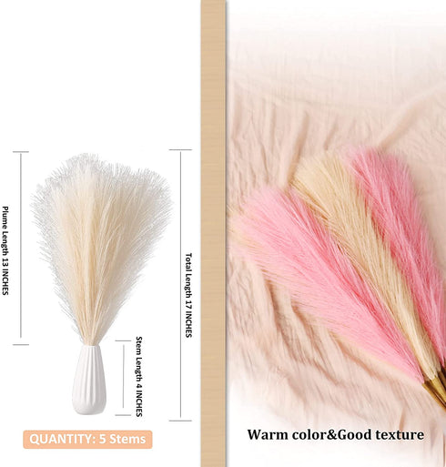 Faux Pampas Grass, 18"/45cm Artificial Pampas Grass Fluffy 5 Stem pompous Grass Flower Arrangement for Boho Home Wedding Decoration(Grey)