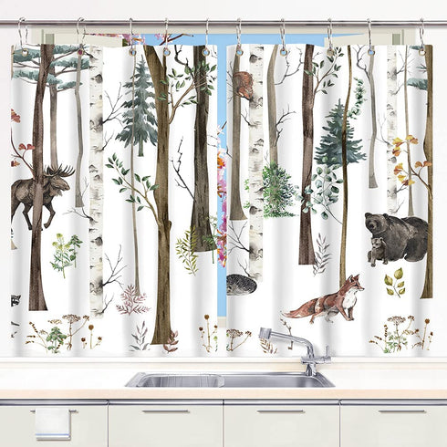 Rustic Forests Kitchen Curtain, Rustic Lodge Forest Cabin Country Hunting Window Treatment Set, Wild Animal Bear Moose Deer Fox in Forest Window Drapes 2 Panel Set for Kitchen Cafe Decor, 55X39IN