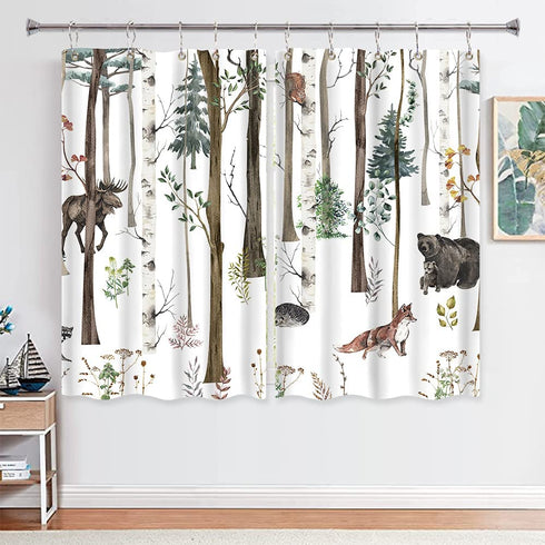 Rustic Forests Kitchen Curtain, Rustic Lodge Forest Cabin Country Hunting Window Treatment Set, Wild Animal Bear Moose Deer Fox in Forest Window Drapes 2 Panel Set for Kitchen Cafe Decor, 55X39IN