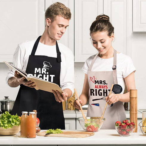 Sweet Couples Aprons,Bridal Shower Gift for His and Hers,Wedding Gifts for Couples,Mr. Right and Mrs. Always Right Aprons,Gifts for Christmas Valentine's Day Engagement Anniversary - 1 Black,1 Beige