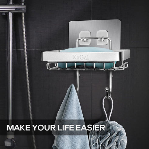 Soap Dish Holder, XaGai Stainless Steel Rustpoof Bar Soap Holder with 2 Hooks for Bathroom Shower Kitchen,Adhesive No Drilling Wall Mounted Soap Bar Holder for Shower Wall - Chrome