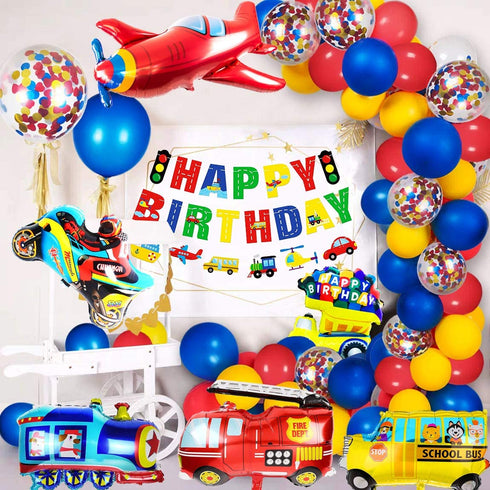 MOVINPE Transportation Birthday Decoration for Boys Happy Birthday Banner Cars School Bus Train Fire Truck Motorcycle Plane Foil Balloons Transport Vehicles Cake Topper Kids 2nd Birthday Decor