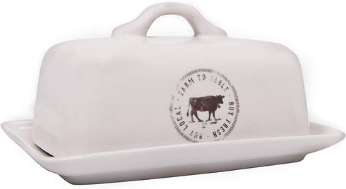 Creative Co-op Stoneware Butter Dish with Cow Decal, 6.75" L, White