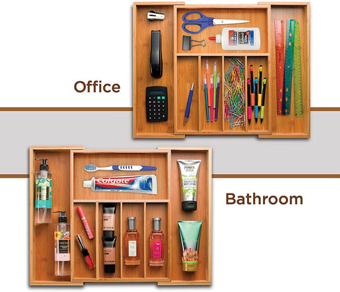 Kitchen Drawer Silverware Organizer - Expandable Bamboo Utensil Tray with Knife Block. Kitchen Silverware Holder or Expandable Drawer Organizer for any drawer, 17? Long, Adjustable from 13? - 22.5? Wide, 2? Deep