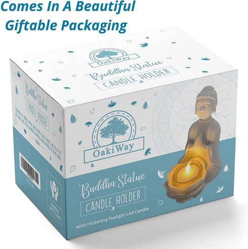 OakiWay Meditation Decor - Buddha Statue & Lotus Flower Candle Holder W/ Flickering Led Candle - Spiritual Decor, Zen/Yoga Accessories, Feng Shui/Spa/Japanese/Boho Decor, Relaxing Gifts for Women