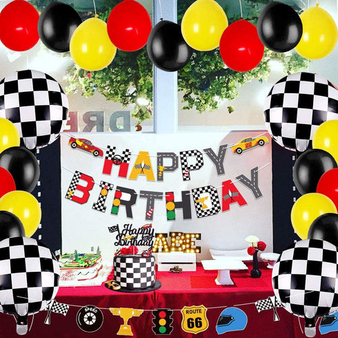 Race Car Birthday Banner and Cake Topper Racing Chequered Flag Hot Wheel Themed Birthday Party Supplies