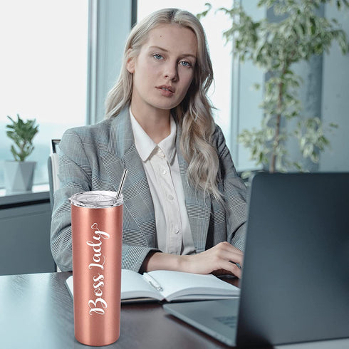 Boss Day Gifts, Boss Lady Skinny Tumbler, Christmas Birthday Boss Gifts for Women Boss Lady Female Coworkers Mom Manager Director Friends, 20 Oz Stainless Steel Insulated Tumbler with Lids, Rose Gold