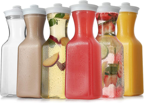 Carafes for Mimosa Bar - 6 Pack 32 Oz Plastic Carafe Square Base Water Pitcher - Pitcher with Lid and Spout - Juice Containers with lids for Fridge BPA Free Pitcher for Parties Not Dishwasher Safe