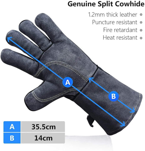 932°F Heat Resistant Leather Forge Welding Gloves Grill BBQ Glove for Tig Welder/Grilling/Barbecue/Oven/Fireplace/Wood Stove - Long Sleeve and Insulated Lining for Men and Women (Gray,14-inch)