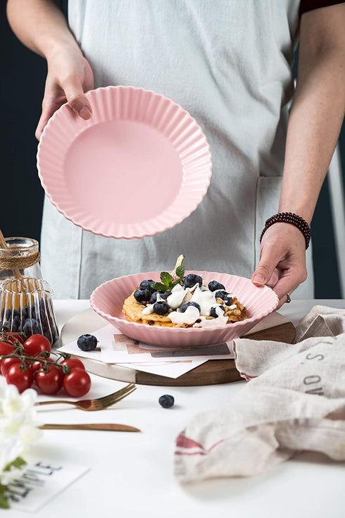 Bruntmor Set of 4 Elegant Matte 8" Round Ceramic Restaurant Serving Inner Fluted Dessert Salad Plates, Pink