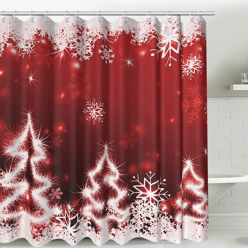 Red Christmas Shower Curtain White Xmas Snowflake Glitter Sparkle Tree Bath Curtain Merry Christmas Eve Home Bathroom Decor Waterproof Fabric Curtains 72x72 inch