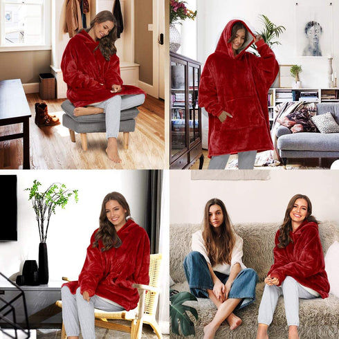 Newtion Oversized Blanket Sweatshirt, Wearable Blanket, Soft Warm Oversized Fleece Hoodie Blanket with Large Front Pocket, for Adults, Men, Women, Teens, Red