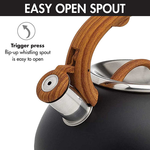 Primula Avalon Whistling Stovetop Tea Kettle Food Grade Stainless Steel Hot Water, Fast to Boil, Cool Touch Handle, 2.5 Quart, Black