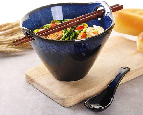 WHJY 20oz Ceramic Japanese Ramen Bowl set,with Chopsticks & Spoon, Porcelain Bowl for Soup, Noodle, Udon and Soba, Noodle Bowl