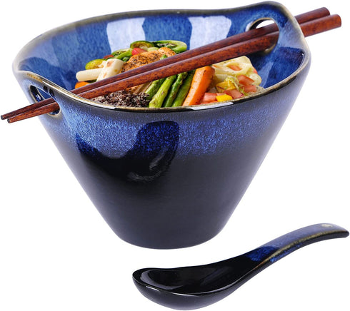 WHJY 20oz Ceramic Japanese Ramen Bowl set,with Chopsticks & Spoon, Porcelain Bowl for Soup, Noodle, Udon and Soba, Noodle Bowl