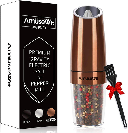Gravity Electric Pepper Grinder or Salt Grinder Mill?White Light?- Battery Operated Automatic Pepper Mill with Light, Adjustable Coarseness, One Handed Operation, Cleaning Brush, Copper by AmuseWit