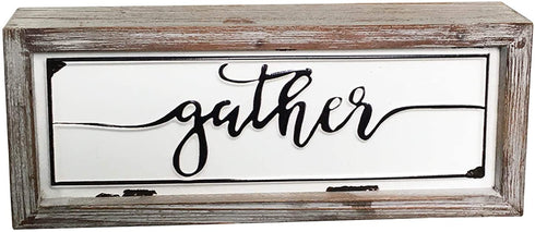 DeliDecor Gather - 12" X 5" Wooden Signs Wall Decor Rustic Embossed Retro Metal and Wood Framed Sign Modern Farmhouse Wall Hanging Art Gather Sign Home Decor