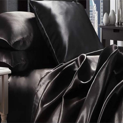 Satin Queen Bed Sheet Set 4 Pieces Black Silky Smooth Bridal Satin Deep Pocket Fitted, Flat, 2 Pillow Cases Wrinkle Stain, Fade Resistant (Black Satin, Queen)