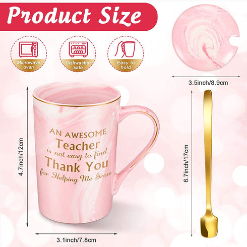 Funny Christmas Thank You Teacher Coffee Mug Gifts, An Awesome Teacher Is Not Easy to Find Mug Gift for Graduation Birthday Favor, 14 oz Coffee Marble Mug with Gift Box and Gold Spoon (Pink)