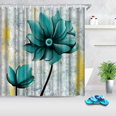 Zlove Blue Flower Shower Curtain Gold and Grey Artwork Waterproof Polyester Fabric Bath Curtain for Bathroom Decor with 12 Pack Plastic Hooks 72x72inch