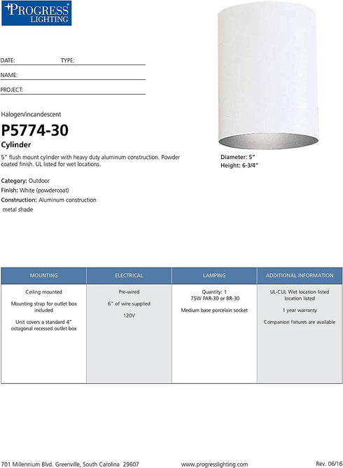 Progress Lighting P5774-30 Cylinder Outdoor, 5-Inch Diameter x 6-1/2-Inch Height, White