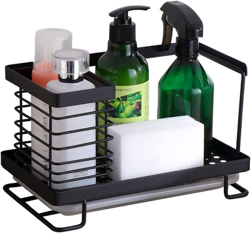 ORZ Sink Caddy Organizer Countertop, Holder for Sponge Brush Soap Dish Dishcloth with Drain Pan Stainless Steel for Kitchen Black¦
