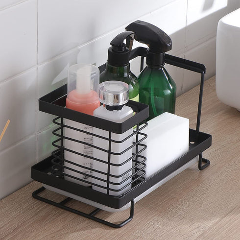 ORZ Sink Caddy Organizer Countertop, Holder for Sponge Brush Soap Dish Dishcloth with Drain Pan Stainless Steel for Kitchen Black¦